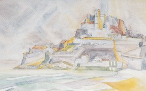 Espagne,-le-château-de-Peniscola-aquarelle-1958