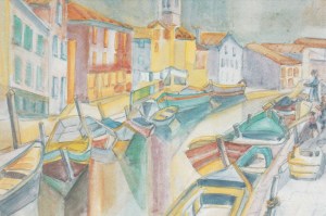 Italie,-Burano,-barques-de-pêcheurs---aquarella-1970